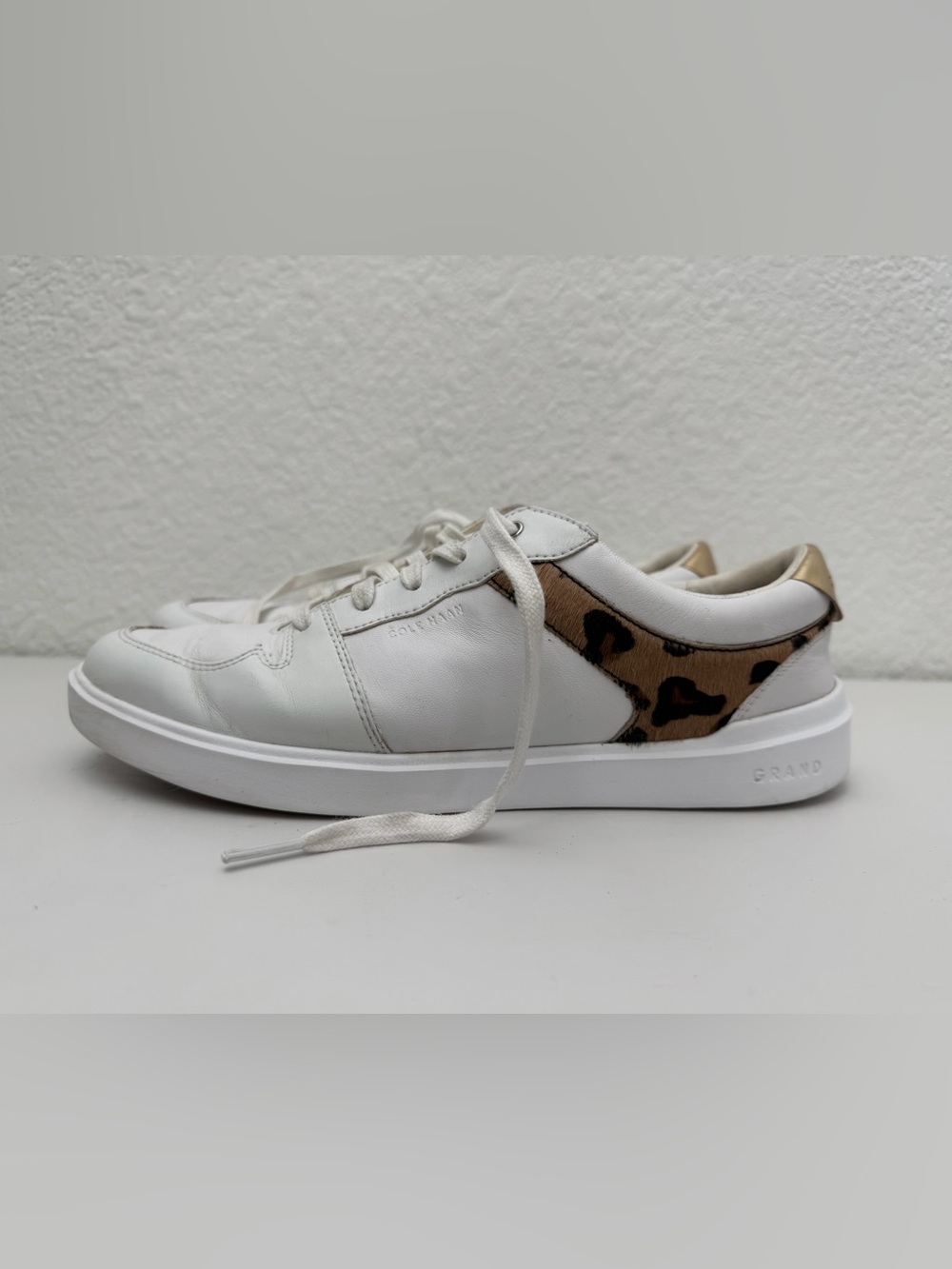 Cole Haan White Leather Sneaker with Neutral Leopard Accent